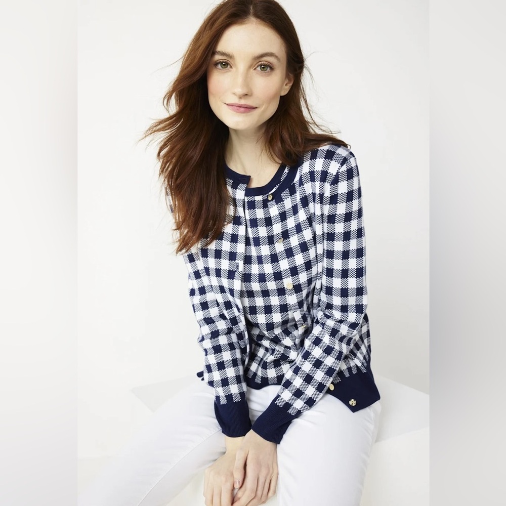 Draper James Navy and Cream Gingham Design Cardigan